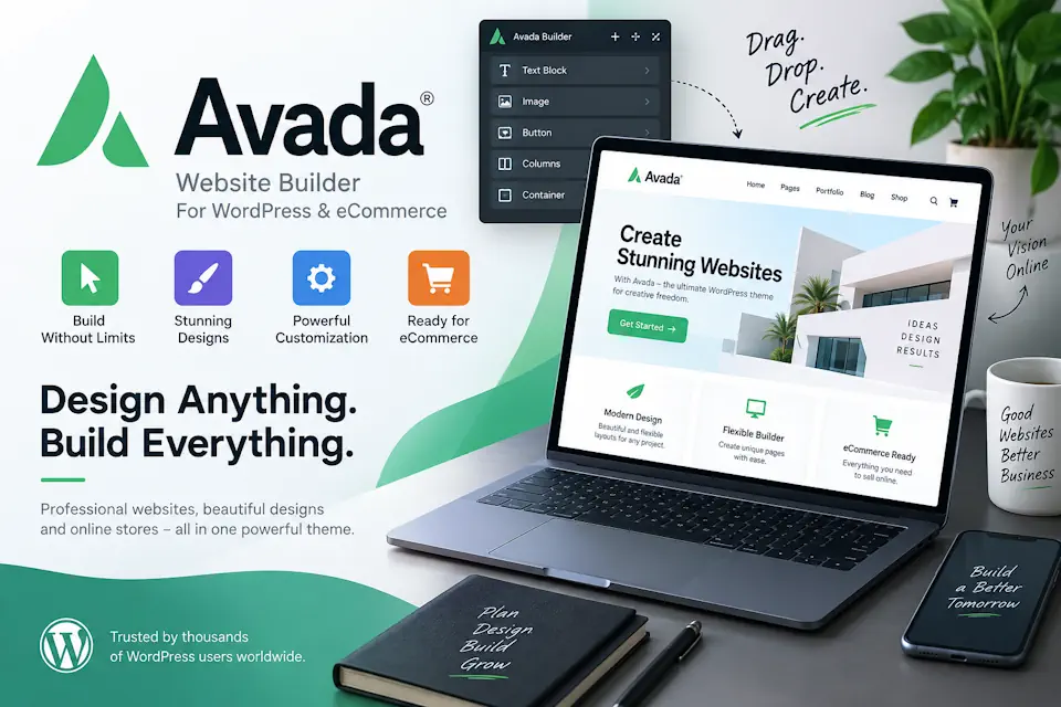 Avada promotional illustration with a laptop website preview, editor panels and green feature icons.