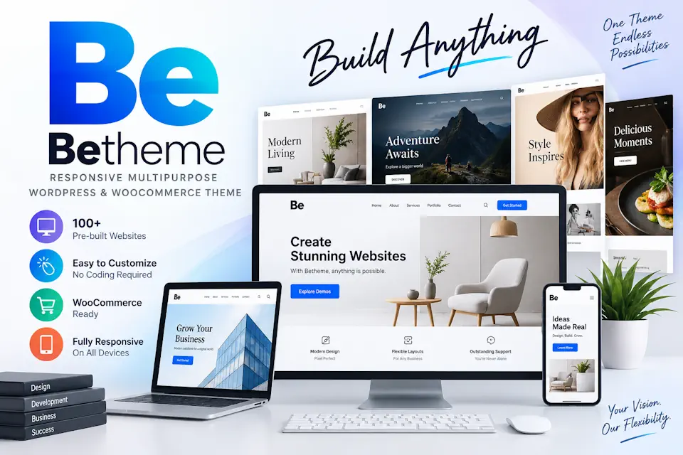Betheme promotional illustration with a blue Be logo and website previews on desktop, tablet and phone.