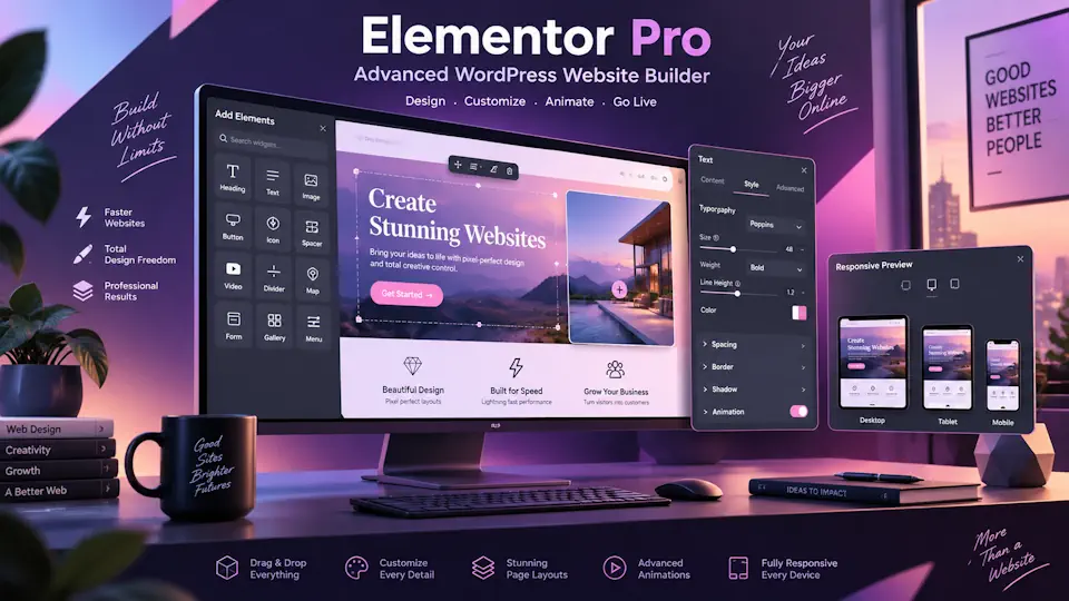 Elementor Pro promotional illustration showing a purple website builder workspace with editor panels and responsive previews.
