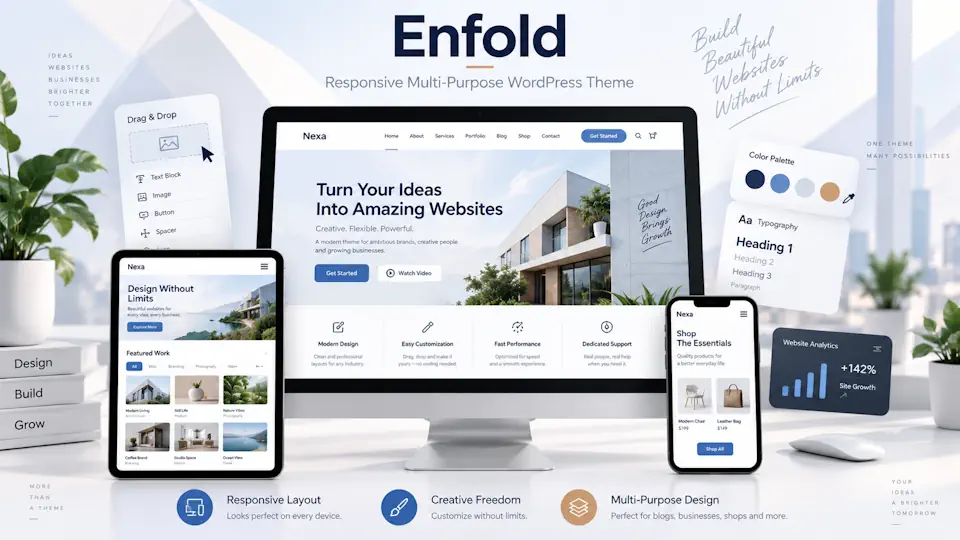 Enfold promotional illustration showing architecture website layouts across a monitor, tablet and phone.