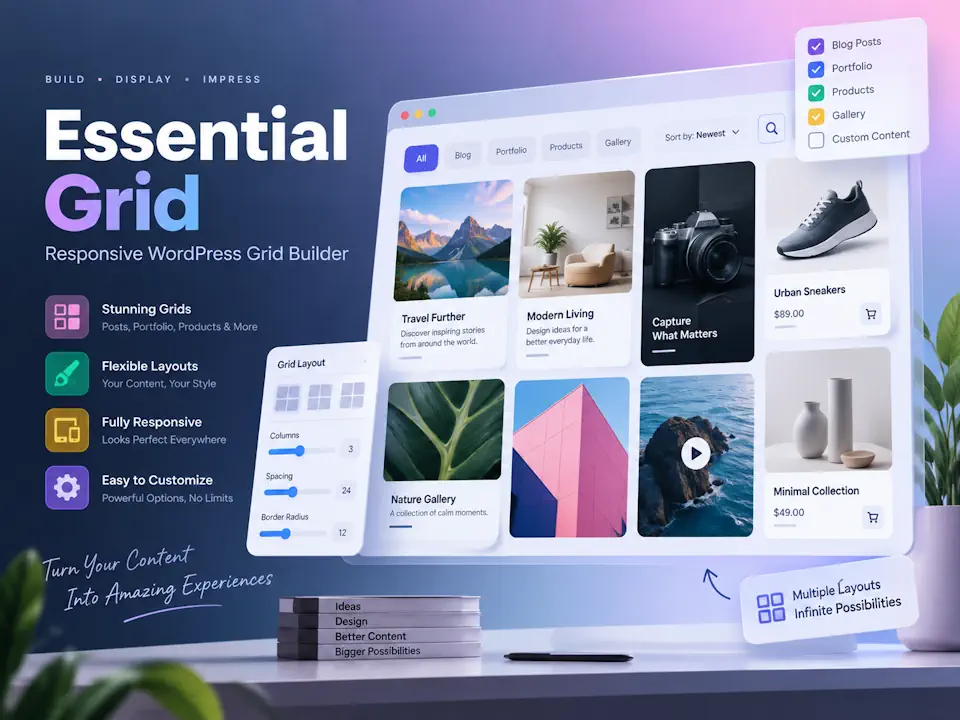 Essential Grid promotional illustration showing a desktop gallery of photos and product cards with filtering controls.