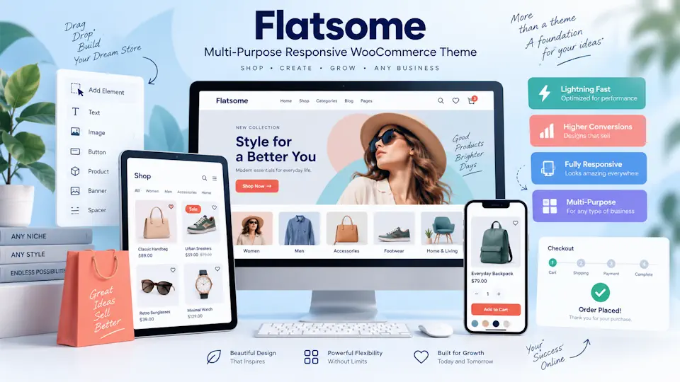 Flatsome promotional illustration with a fashion storefront, shopping bags and product previews on multiple devices.