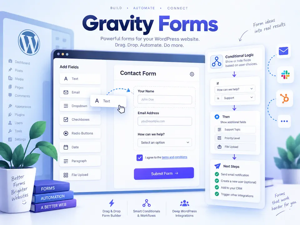 Gravity Forms promotional illustration showing a contact form builder, field controls and a workflow checklist.