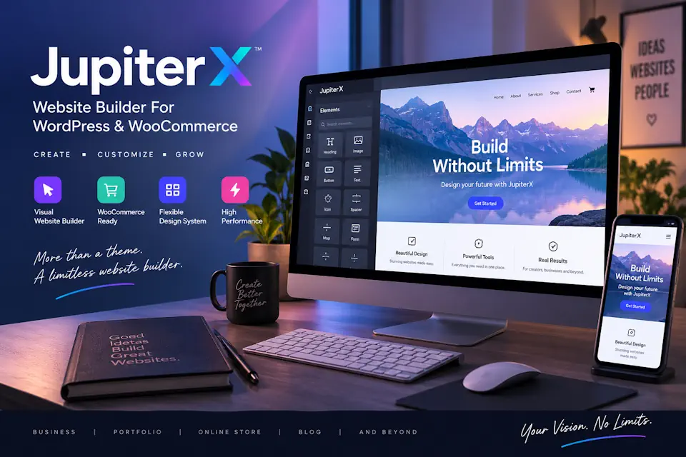 Jupiter X promotional illustration of a purple-lit desk with website previews on a desktop monitor and phone.