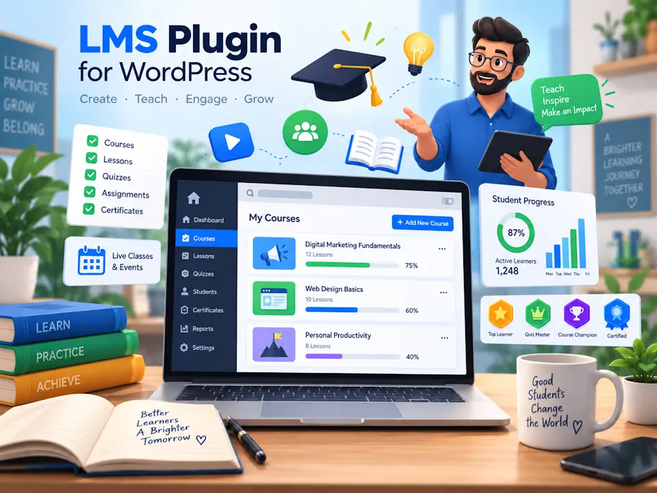 Learning management illustration with a course dashboard on a laptop, an instructor and education icons.