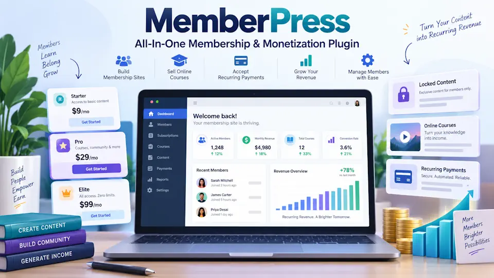 MemberPress promotional illustration showing a membership dashboard with charts, payment cards and coins.