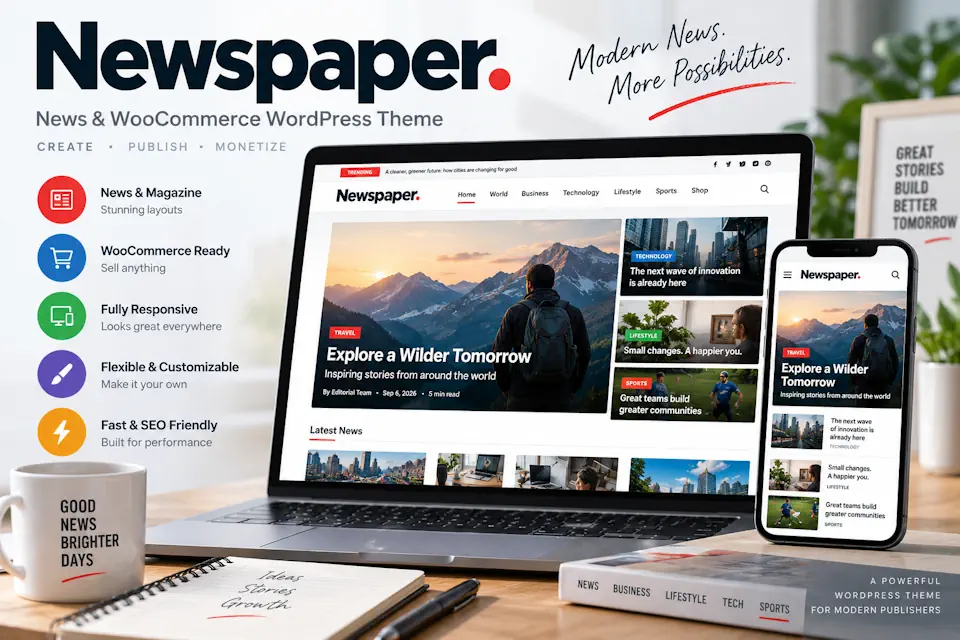 Newspaper theme promotional illustration showing news layouts on a desktop monitor and phone.