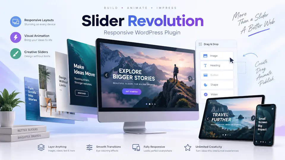 Slider Revolution promotional illustration with layered landscape slides, an animation editor and mobile previews.