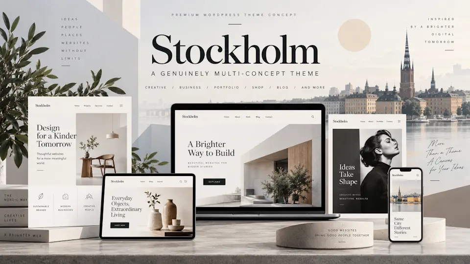 Stockholm promotional illustration with minimalist website previews, neutral interiors and a city skyline.