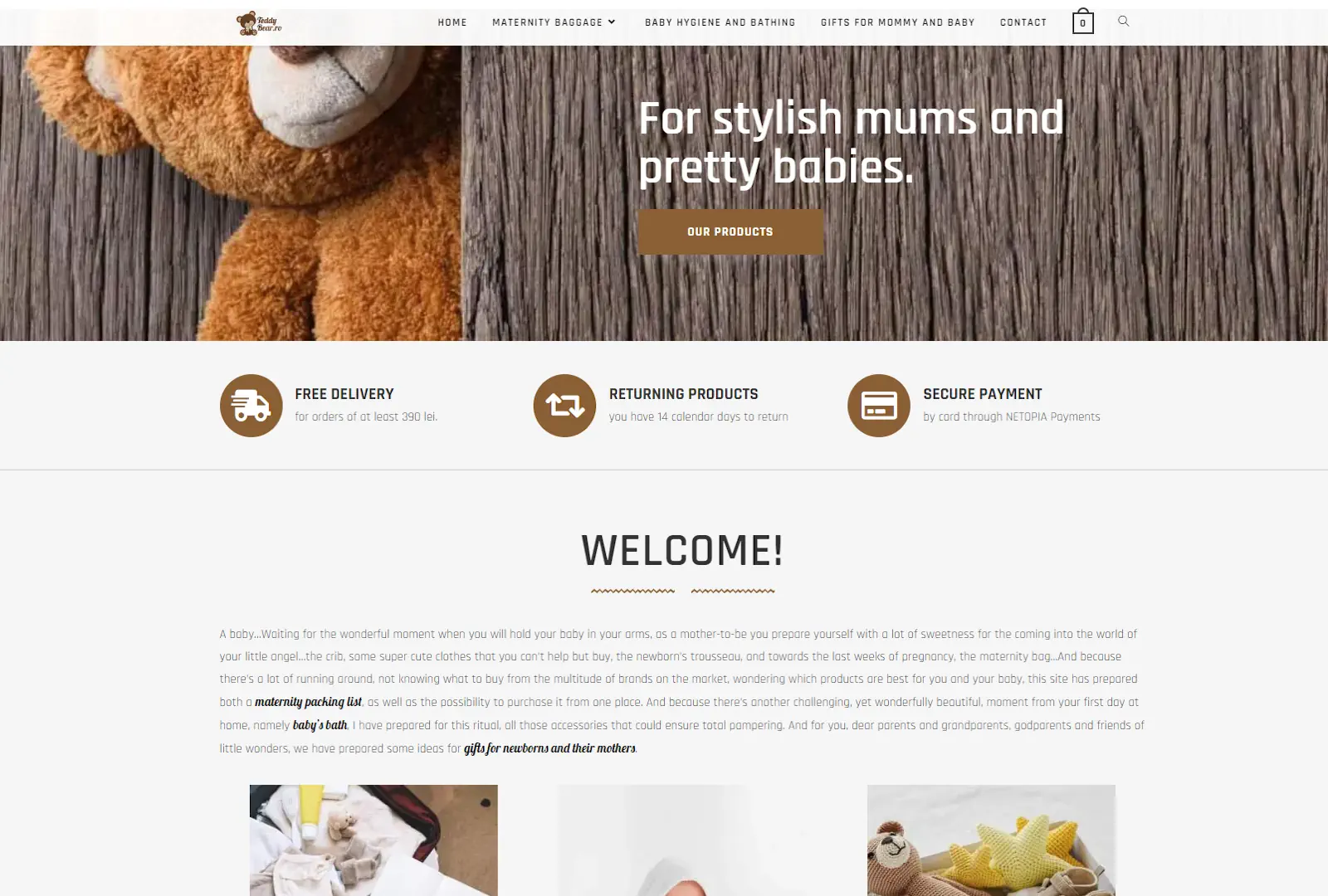 Soft teddy bear representing a baby and kids WooCommerce project