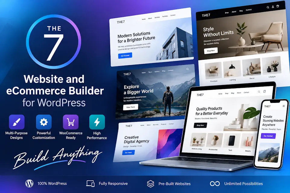 The7 promotional illustration with a circular 7 logo and overlapping business and store website previews.