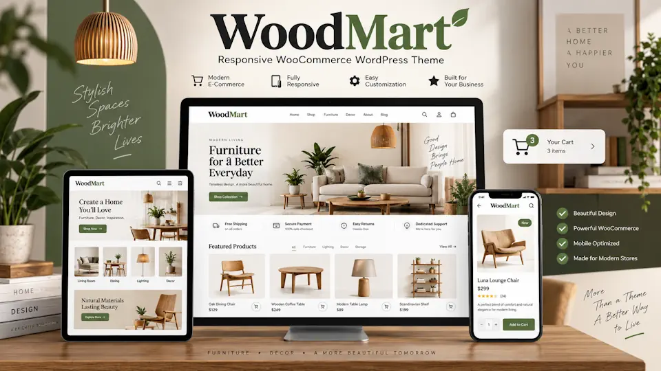 WoodMart promotional illustration showing a furniture store with chairs, plants and product cards on several screens.