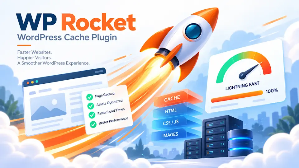WP Rocket promotional illustration with an orange rocket, a speed gauge and website optimization panels.