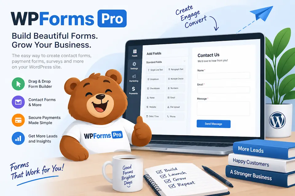 WPForms Pro promotional illustration with a bear mascot beside a contact form displayed on a laptop.