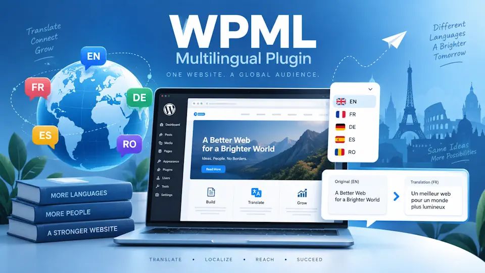 WPML promotional illustration with a globe, language labels and a multilingual website on a laptop.