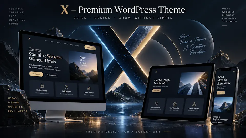 X theme promotional illustration with a large metallic X and dark website previews on multiple screens.