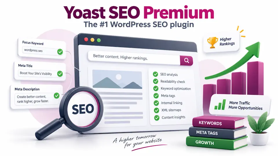 Yoast SEO Premium promotional illustration with an SEO magnifying glass, analysis panels and an upward green chart.